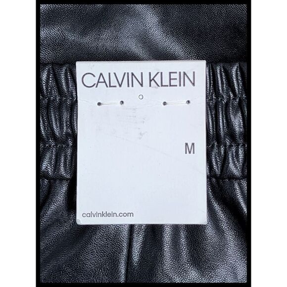 NWT Calvin Klein Vegan Faux Leather Pants Pull On Drawstring Waist Black Medium - Picture 8 of 12